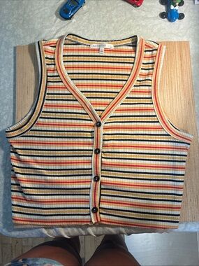 ANTISTAR Striped Ribbed Button-Front Tank Top in Yellow Multi Sz Med Tank